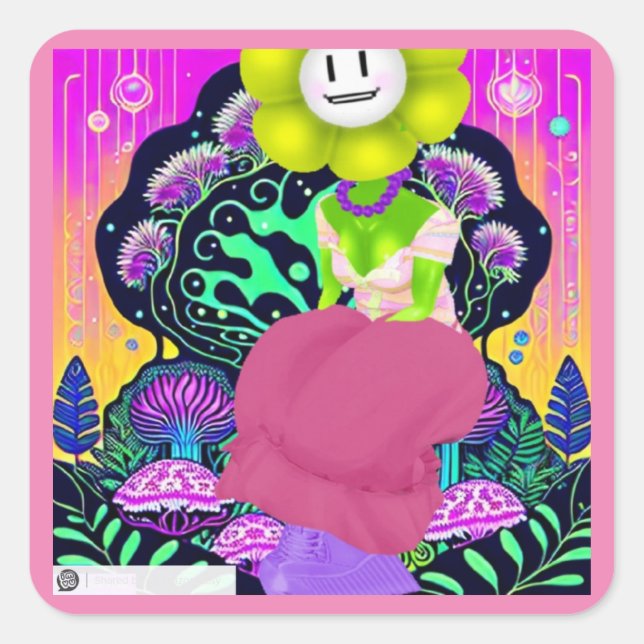 Sticker Carré Psychédélique Fleur Girl Avec Champignons Art Stic (Devant)