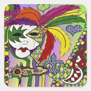 Sticker Carré Psychédélique Mardi Gras Plumes Masques Cadeaux Vê