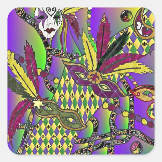 Sticker Carré Psychédélique Mardi Gras Plumes Masques Cadeaux Vê (Devant)