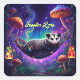 Sticker Carré Psychédélique Trippie Hippie Opossum Personnalisé