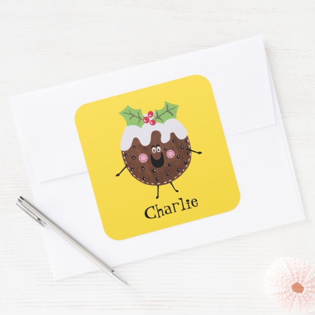 Sticker Carré Pudding de Noël personnalisé (Enveloppe)