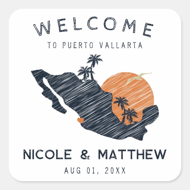 Sticker Carré Puerto Vallarta Mexique Carte de la marine Mariage (Devant)