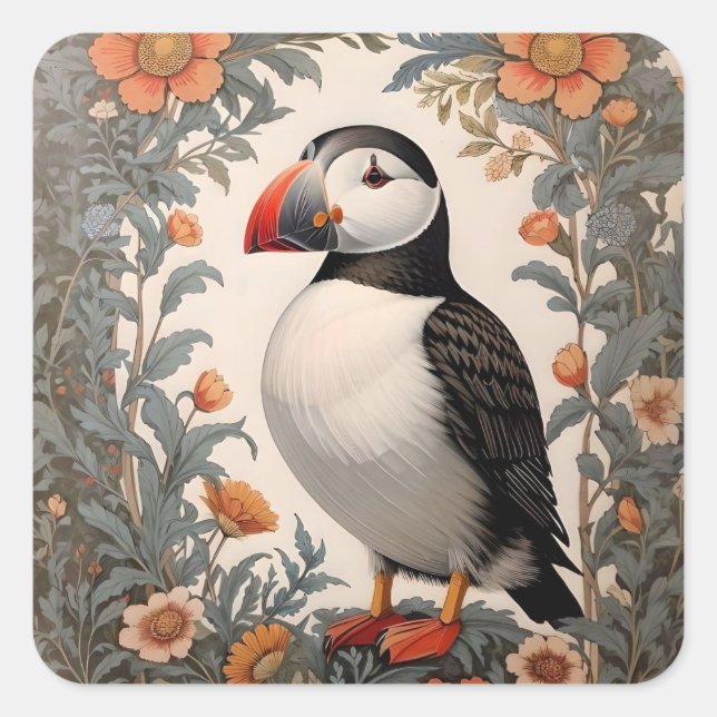 Sticker Carré Puffin Atlantique William Morris Inspiré Floral (Devant)