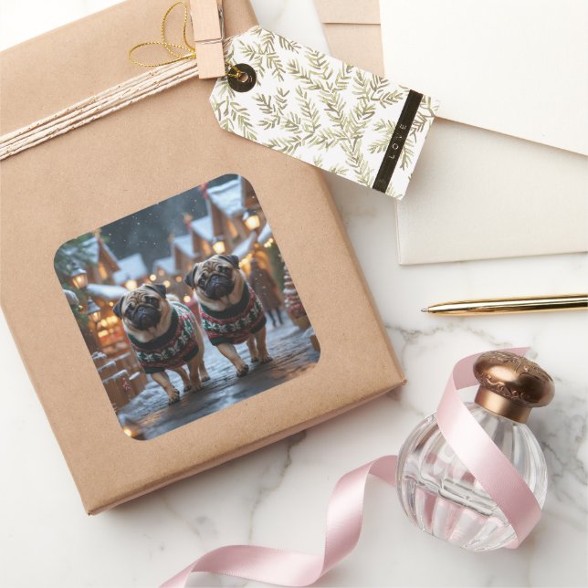 Sticker Carré Pug Dogs Christmas Snow Holiday (Cadeaux)