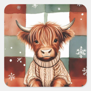 Sticker Carré Pull Highland Cow de Noël Rouge Vert Festif