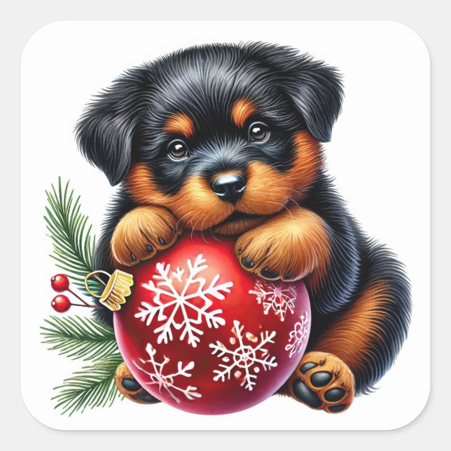 Sticker Carré Puppy, mignon Rottweiler, aime les fêtes de Noël (Devant)