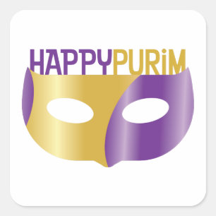 Sticker Carré Purim et masque violet or heureux