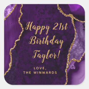 Sticker Carré Purple et Gold Agate Joyeux anniversaire