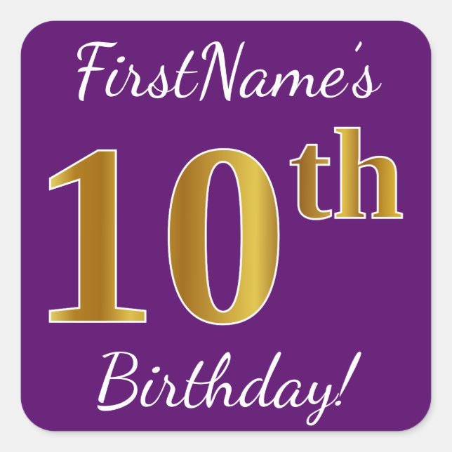 Sticker Carré Purple, Faux Gold 10e anniversaire + Nom personnal (Devant)