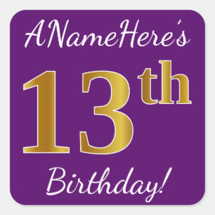 Sticker Carré Purple, Faux Gold 13e anniversaire + Nom personnal
