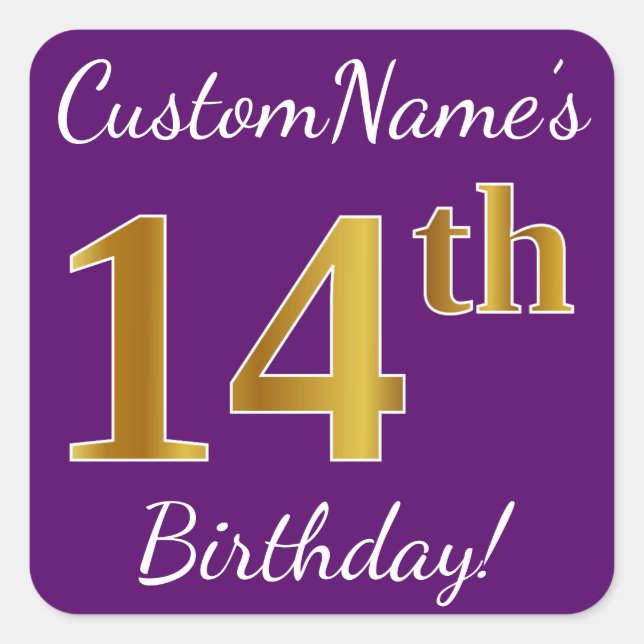 Sticker Carré Purple, Faux Gold 14e anniversaire + Nom personnal (Devant)