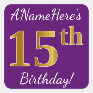Sticker Carré Purple, Faux Gold 15e anniversaire + Nom personnal