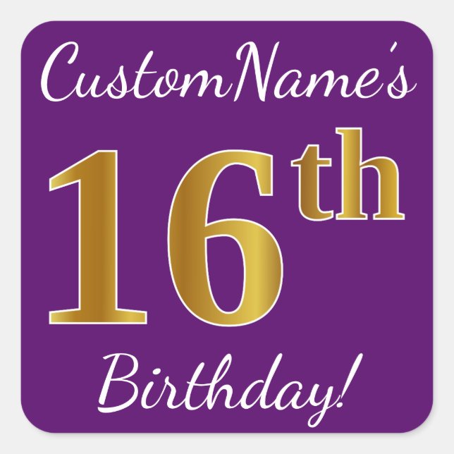 Sticker Carré Purple, Faux Gold 16e anniversaire + Nom personnal (Devant)