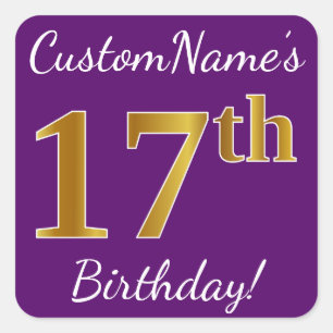 Sticker Carré Purple, Faux Gold 17e anniversaire + Nom personnal