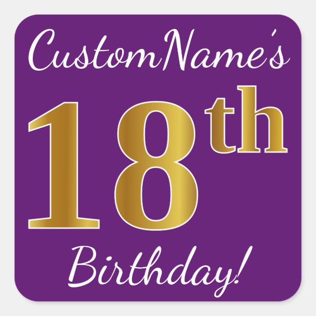 Sticker Carré Purple, Faux Gold 18e anniversaire + Nom personnal (Devant)