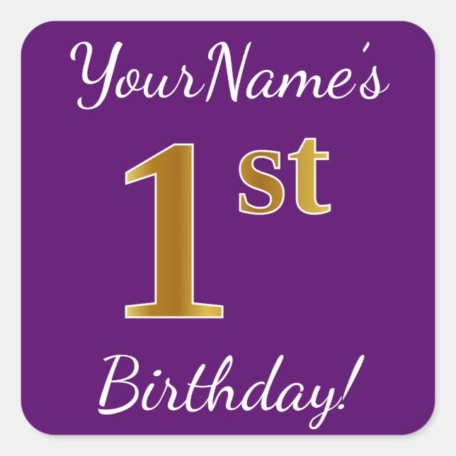 Sticker Carré Purple, Faux Gold 1er anniversaire + Nom personnal (Devant)