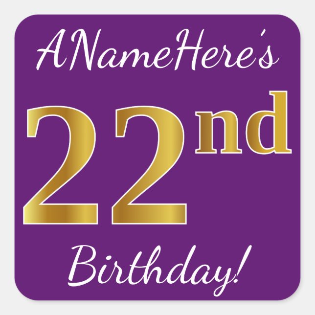 Sticker Carré Purple, Faux Gold 22e anniversaire + Nom personnal (Devant)