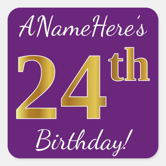 Sticker Carré Purple, Faux Gold 24e anniversaire + Nom personnal (Devant)