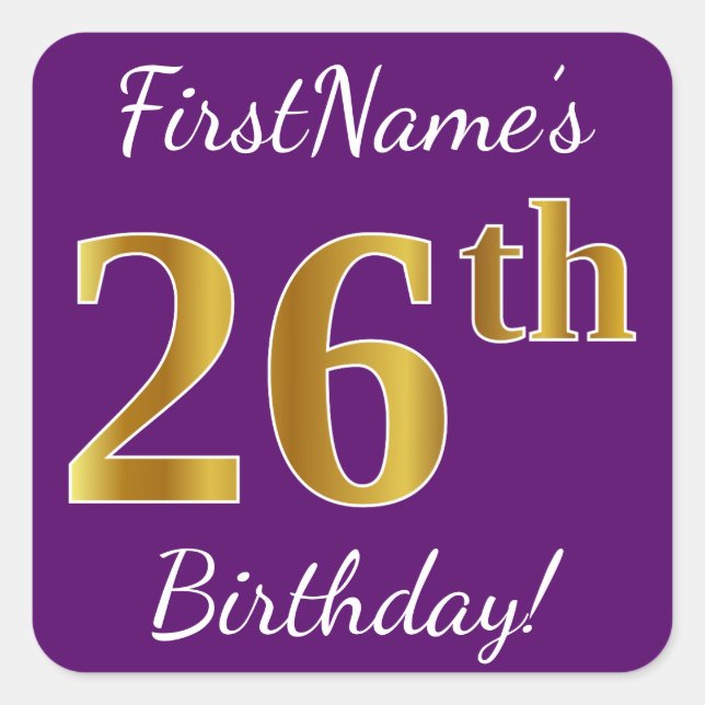 Sticker Carré Purple, Faux Gold 26e anniversaire + Nom personnal (Devant)