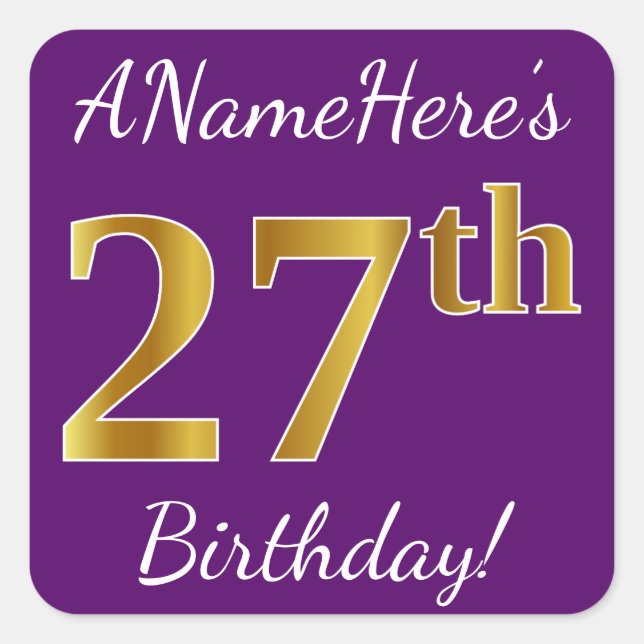 Sticker Carré Purple, Faux Gold 27e anniversaire + Nom personnal (Devant)