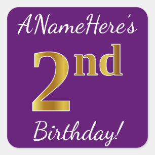 Sticker Carré Purple, Faux Gold 2e anniversaire + Nom personnali