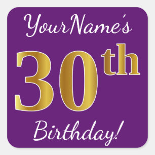 Sticker Carré Purple, Faux Gold 30e anniversaire + Nom personnal