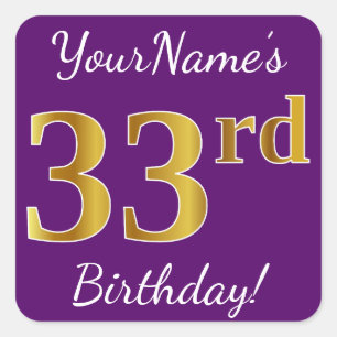 Sticker Carré Purple, Faux Gold 33ème anniversaire + Nom personn
