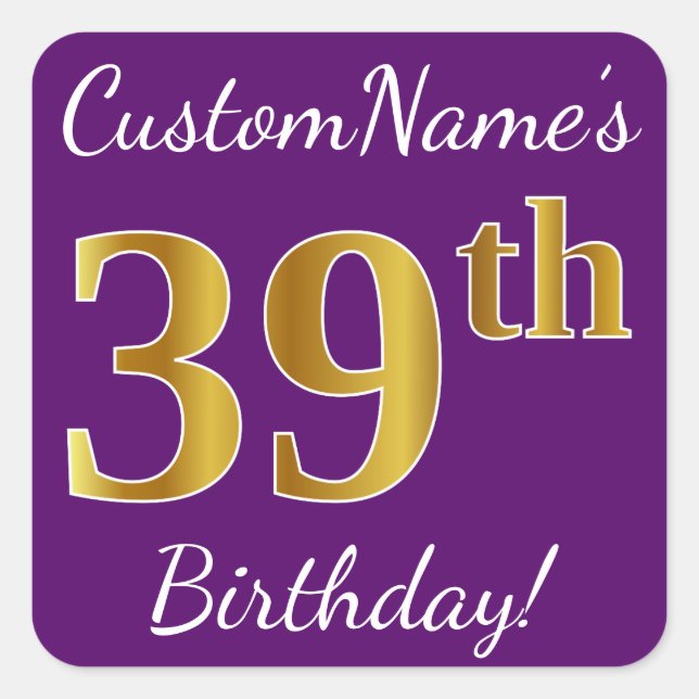 Sticker Carré Purple, Faux Gold 39e anniversaire + Nom personnal (Devant)