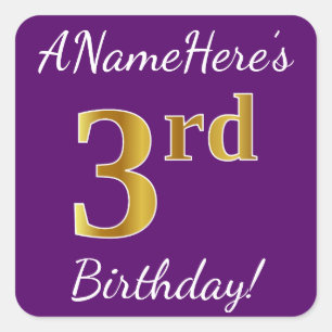 Sticker Carré Purple, Faux Gold 3ème anniversaire + Nom personna