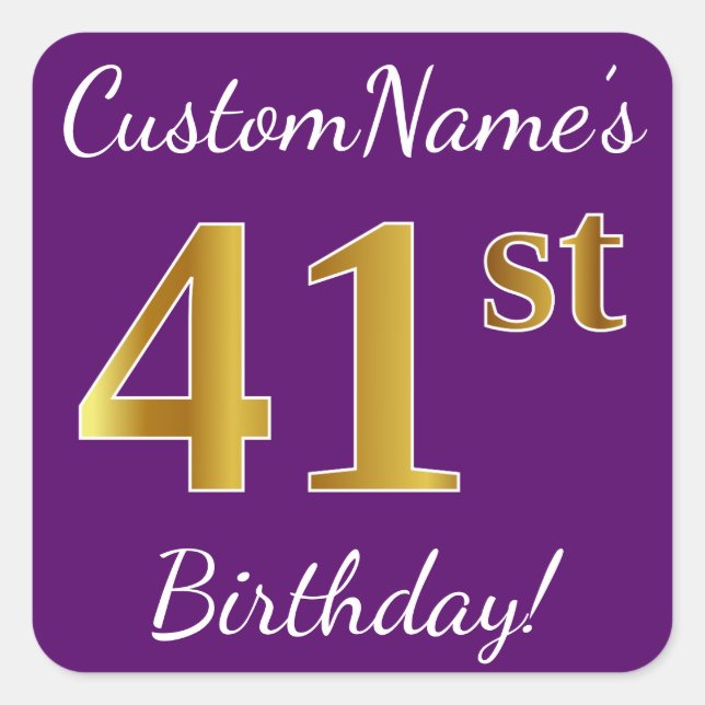 Sticker Carré Purple, Faux Gold 41ème anniversaire + Nom personn (Devant)