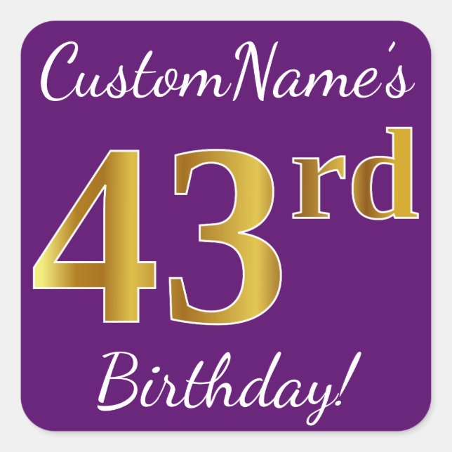 Sticker Carré Purple, Faux Gold 43ème anniversaire + Nom personn (Devant)