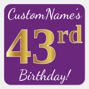 Sticker Carré Purple, Faux Gold 43ème anniversaire + Nom personn