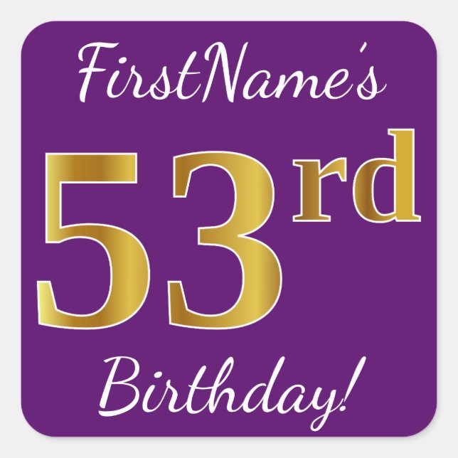 Sticker Carré Purple, Faux Gold 53ème anniversaire + Nom personn (Devant)