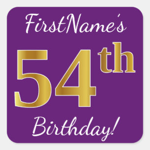 Sticker Carré Purple, Faux Gold 54e anniversaire + Nom personnal