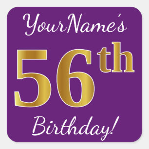 Sticker Carré Purple, Faux Gold 56e anniversaire + Nom personnal