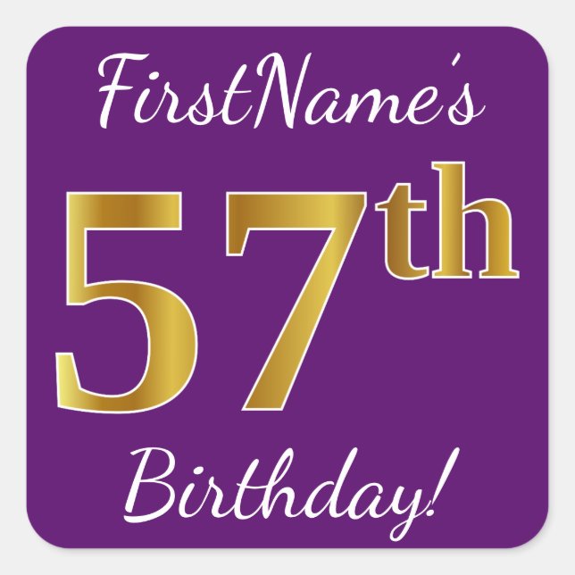Sticker Carré Purple, Faux Gold 57e anniversaire + Nom personnal (Devant)