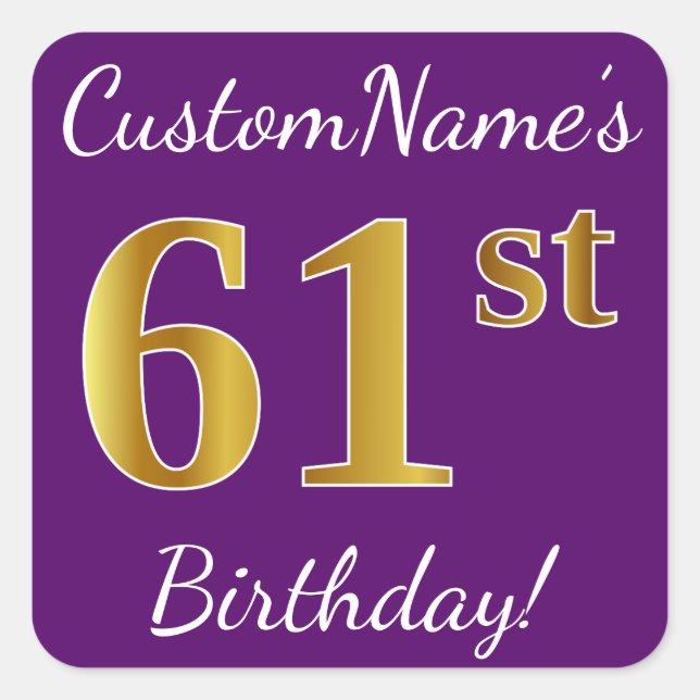 Sticker Carré Purple, Faux Gold 61e anniversaire + Nom personnal (Devant)