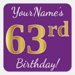 Sticker Carré Purple, Faux Gold 63ème anniversaire + Nom personn