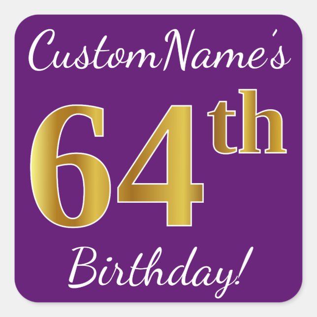 Sticker Carré Purple, Faux Gold 64e anniversaire + Nom personnal (Devant)
