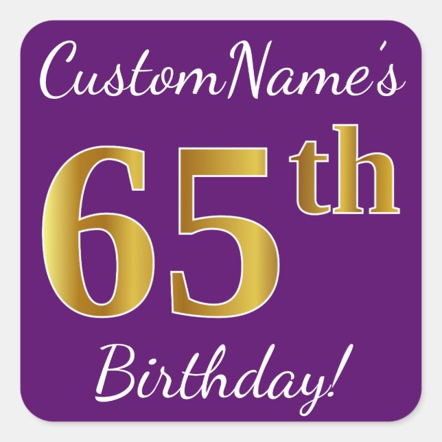 Sticker Carré Purple, Faux Gold 65e anniversaire + Nom personnal (Devant)
