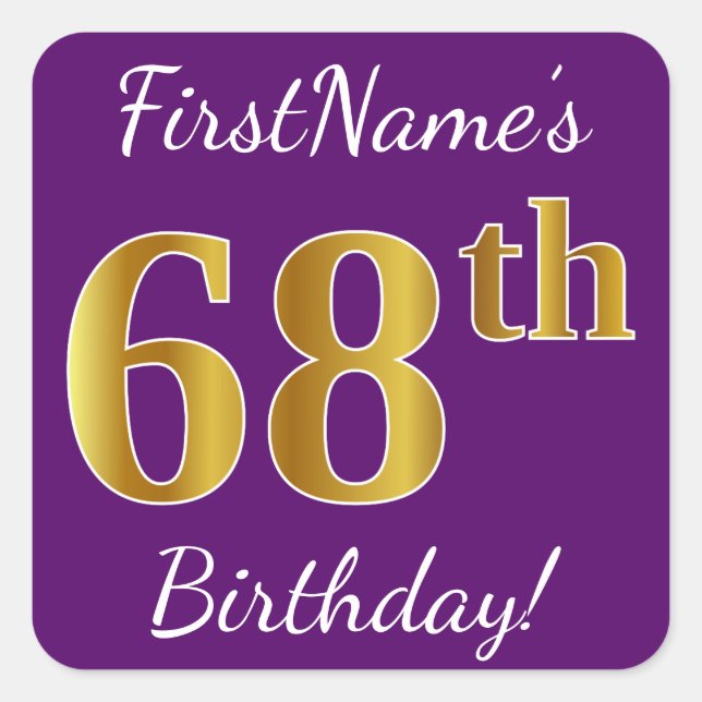 Sticker Carré Purple, Faux Gold 68e anniversaire + Nom personnal (Devant)