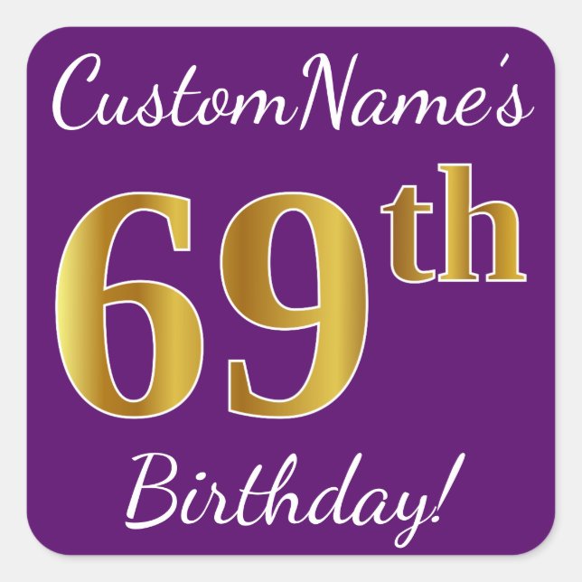 Sticker Carré Purple, Faux Gold 69e anniversaire + Nom personnal (Devant)