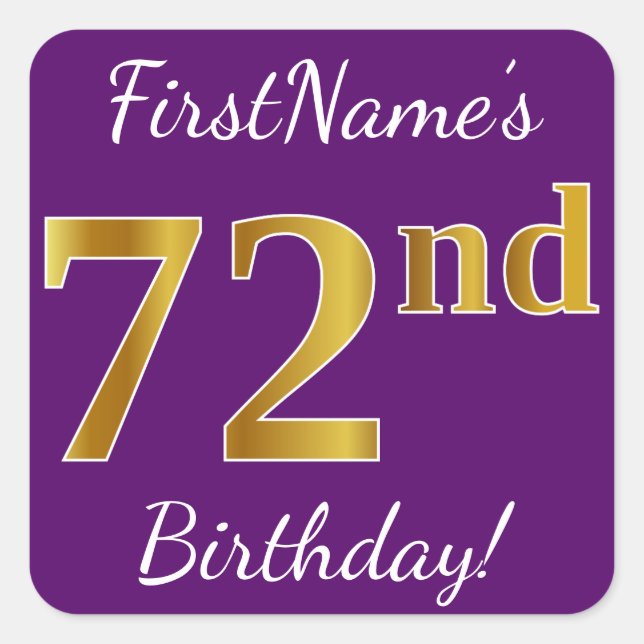 Sticker Carré Purple, Faux Gold 72e anniversaire + Nom personnal (Devant)