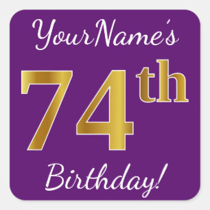 Sticker Carré Purple, Faux Gold 74e anniversaire + Nom personnal
