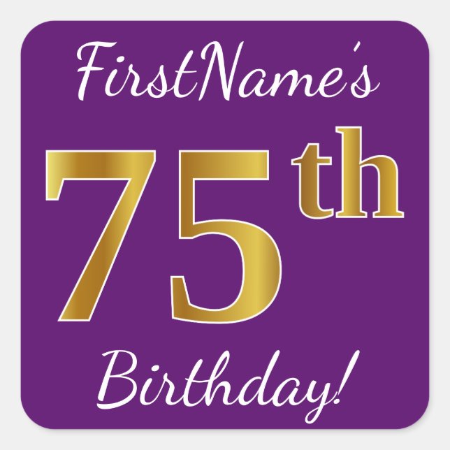 Sticker Carré Purple, Faux Gold 75e anniversaire + Nom personnal (Devant)