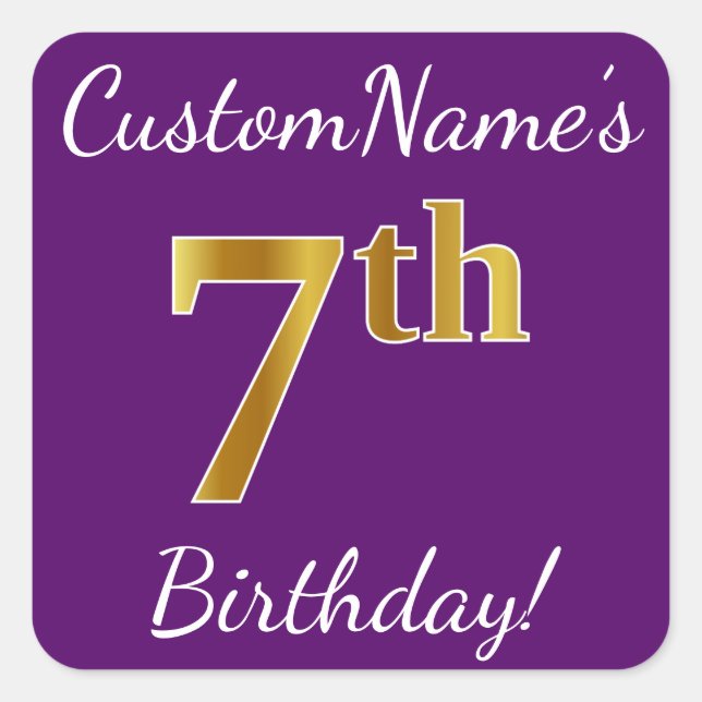 Sticker Carré Purple, Faux Gold 7e anniversaire + Nom personnali (Devant)