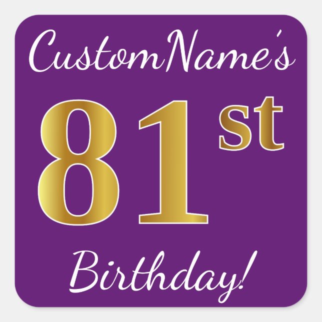Sticker Carré Purple, Faux Gold 81ème anniversaire + Nom personn (Devant)