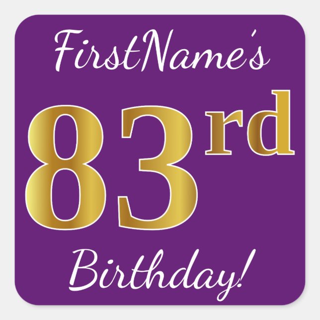 Sticker Carré Purple, Faux Gold 83ème anniversaire + Nom personn (Devant)