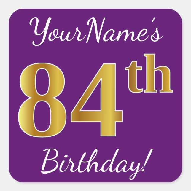 Sticker Carré Purple, Faux Gold 84e anniversaire + Nom personnal (Devant)