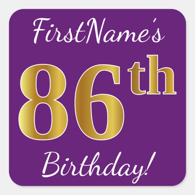 Sticker Carré Purple, Faux Gold 86e anniversaire + Nom personnal (Devant)